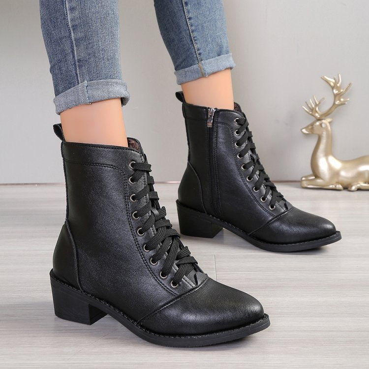 British Style Women's Casual Trend High-top Zipper Fashion Leather Boots
