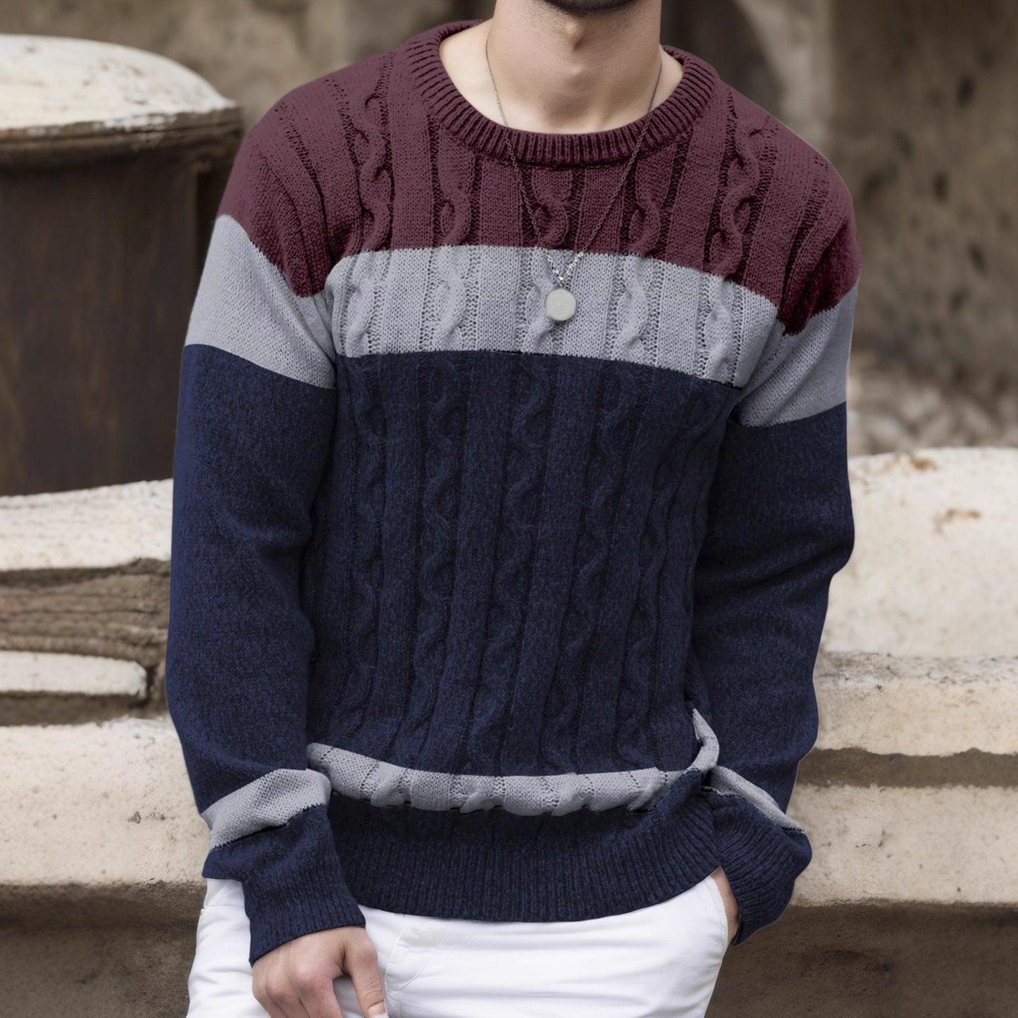 Men's Color-block Crew Neck Sweater European And American Pullover Multicolor