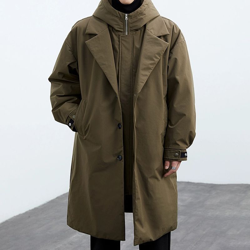 Men's False Two Pieces Hooded Mid-length Trench Coat