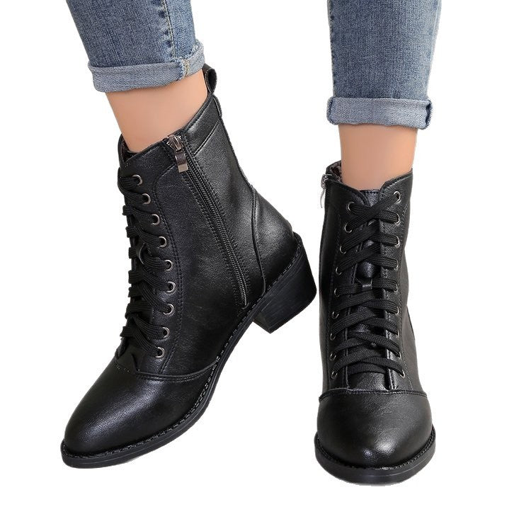 British Style Women's Casual Trend High-top Zipper Fashion Leather Boots